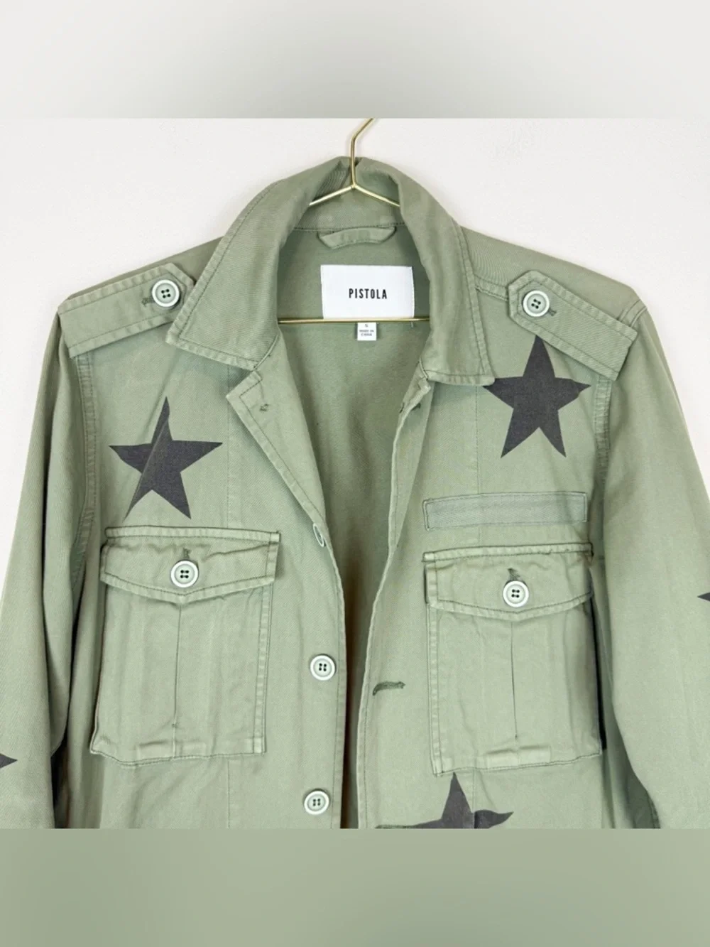 Pistola Camilo Military Jacket Royal Honor Green Stars Shacket Size Small - Picture 6 of 13